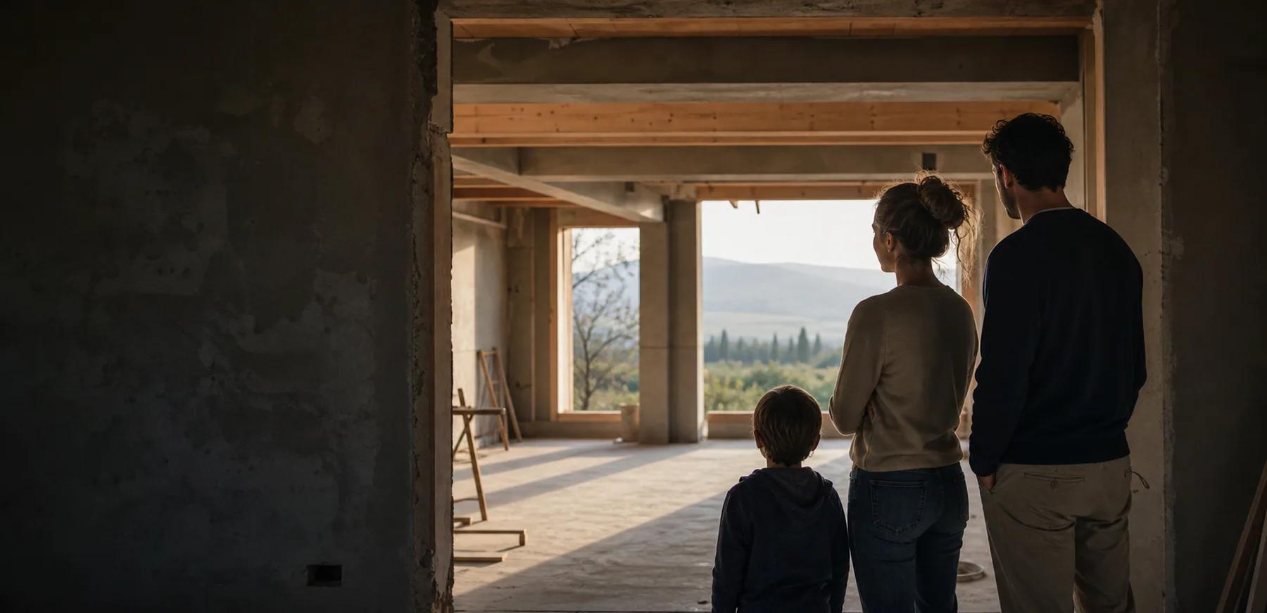 Una famiglia osserva lo spazio della propria futura casa