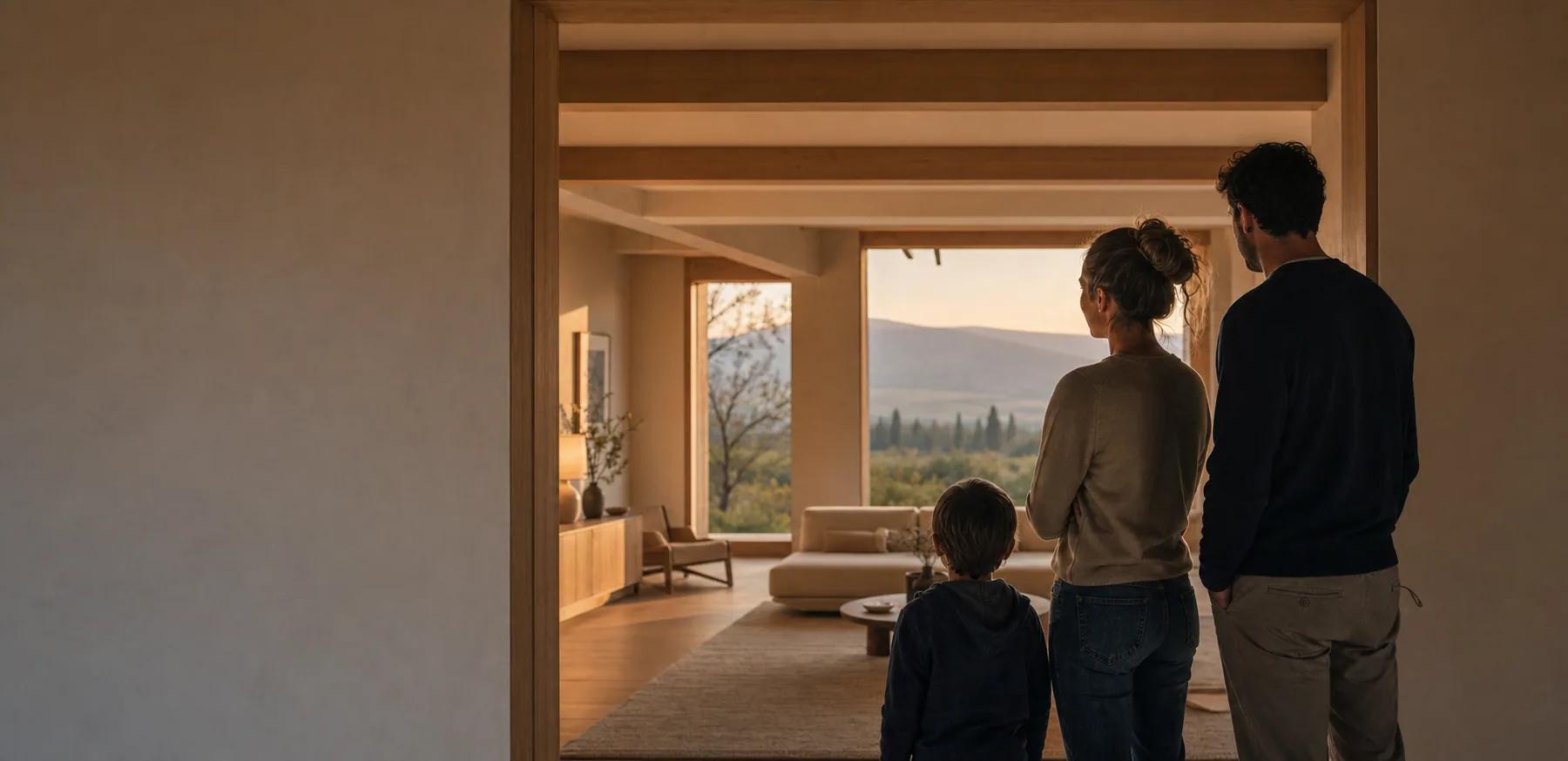 La famiglia osserva la propria casa completata